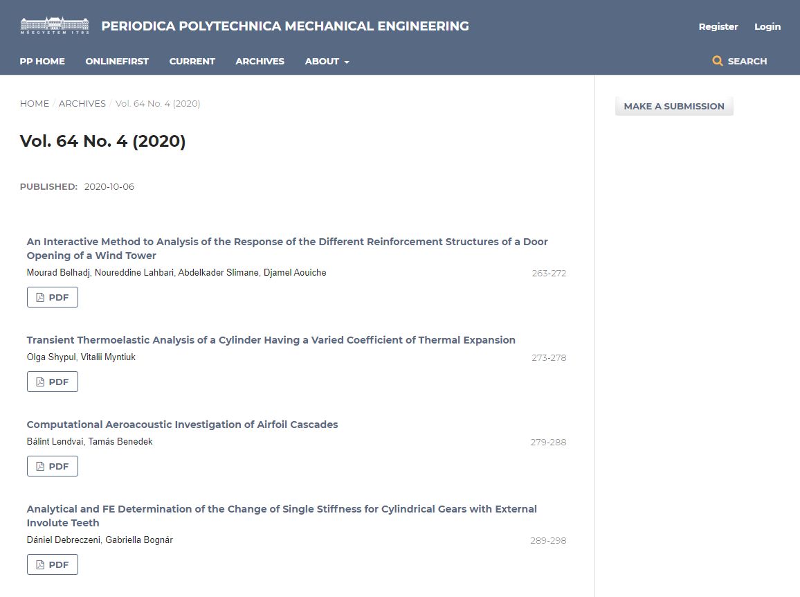 Periodica Polytechnica Mechanical Engineering 2020.10.14.