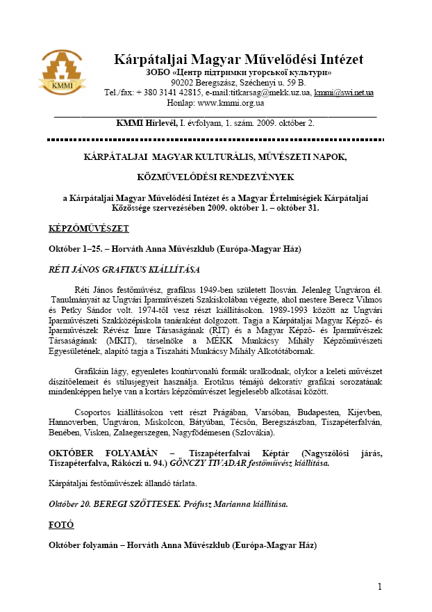K�rp�taljai Magyar M�vel�d�si Int�zet h�rlevele 2022.07.04.