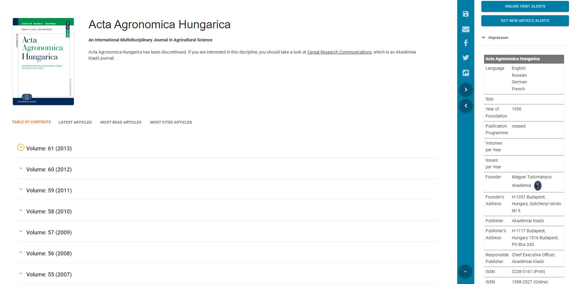 Acta Agronomica Hungarica 2023.01.11.