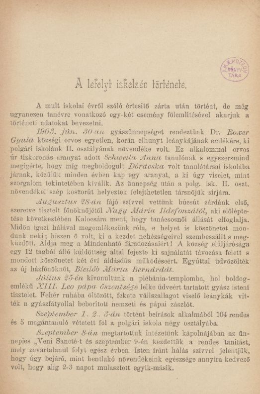 A Miasszonyunkr�l nevezett Szeg�ny Iskolan�n�k vezet�se alatt �ll� magyarkanizsai Haynald le�nynevel� int�zet elemi �s polg�ri iskol�j�nak �rtes�t�je az ... iskolai �vr�l 2025.04.15.